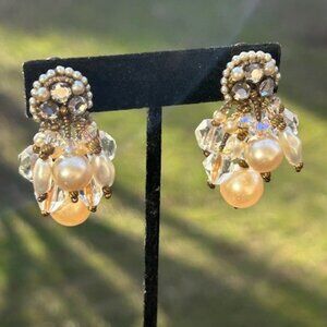 ROBERT DEMARIO Unsigned Cluster Rhinestone, Faux Pearl Gold Beaded Dangle EARRIN